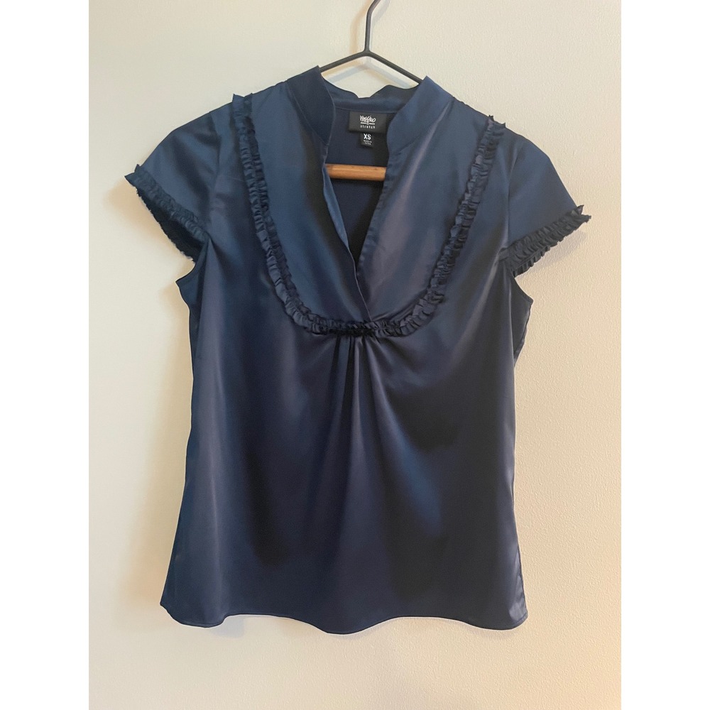 Mossimo Navy Blue Stretch Satin Ruffled Mandarin Collar Cap Sleeve Top